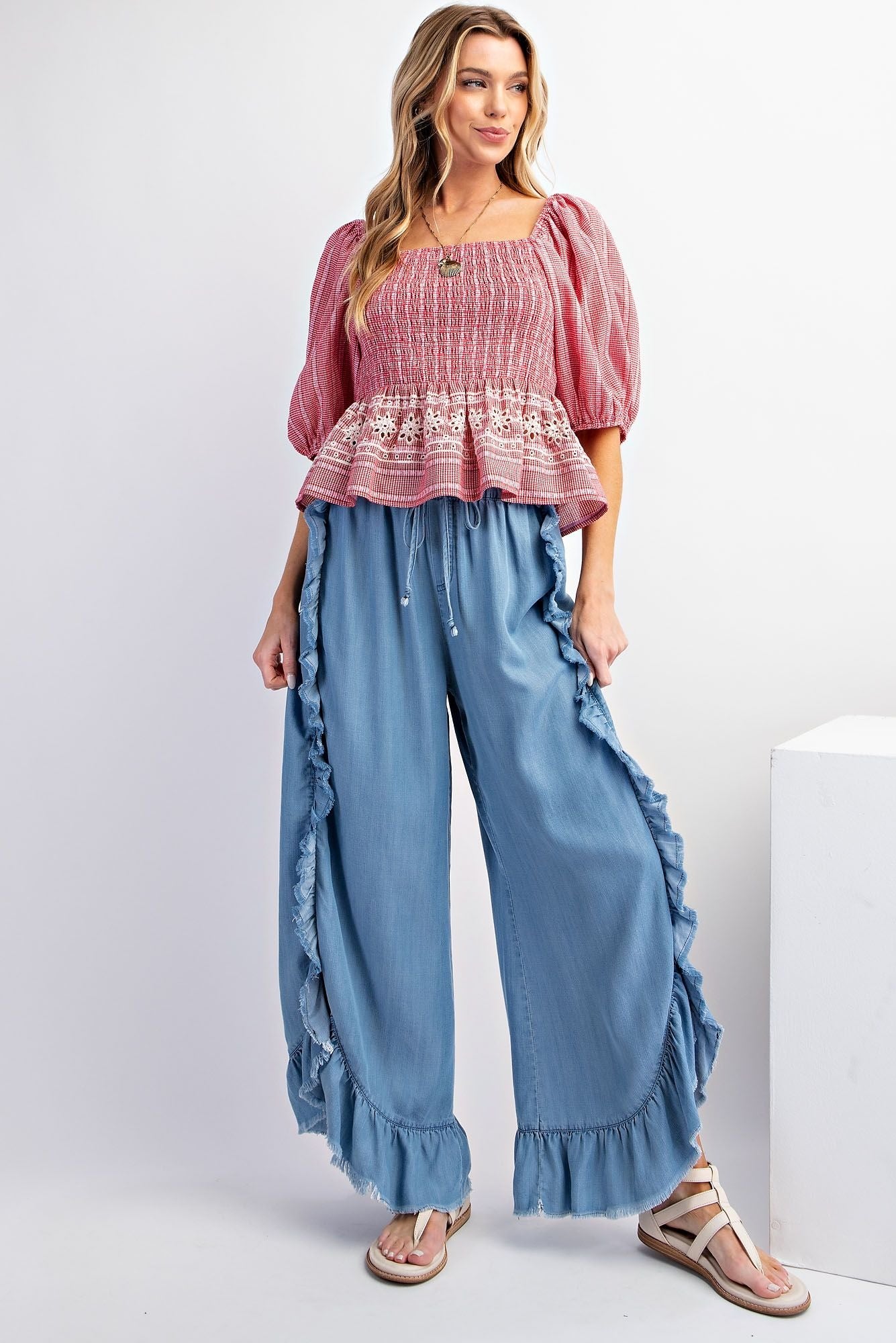 Chambray Ruffle Pants