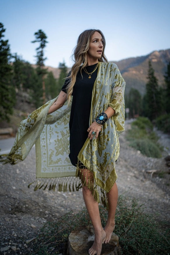 Olive Crushed Velvet Kimono