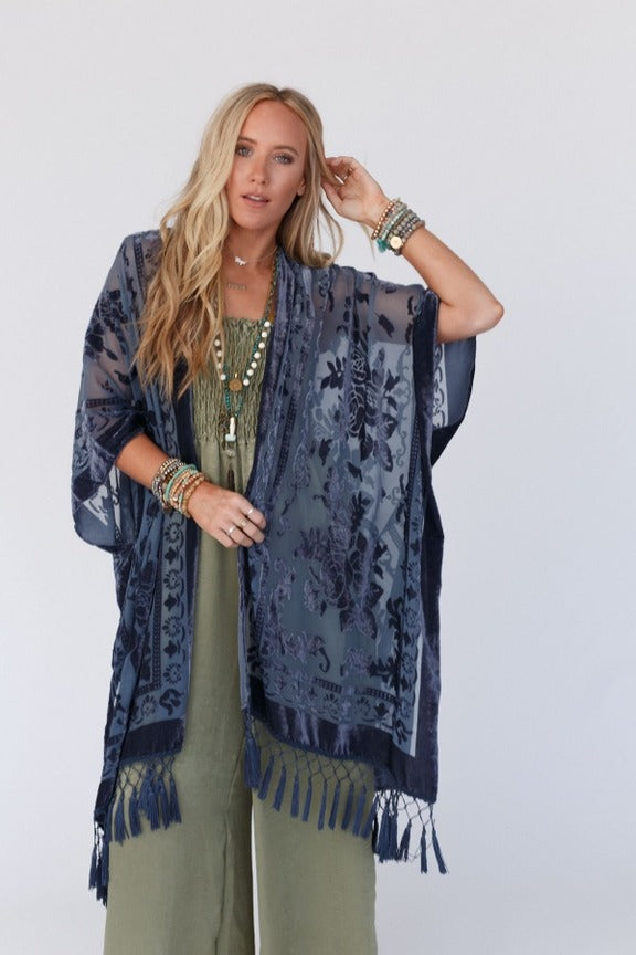 Navy Crushed Velvet Kimono