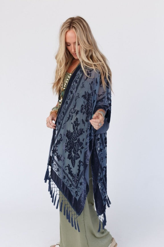 Navy Crushed Velvet Kimono