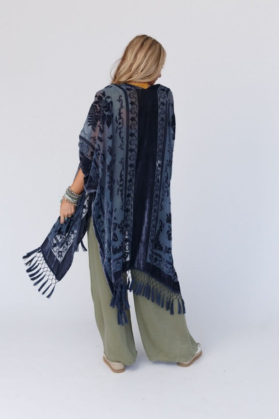 Navy Crushed Velvet Kimono
