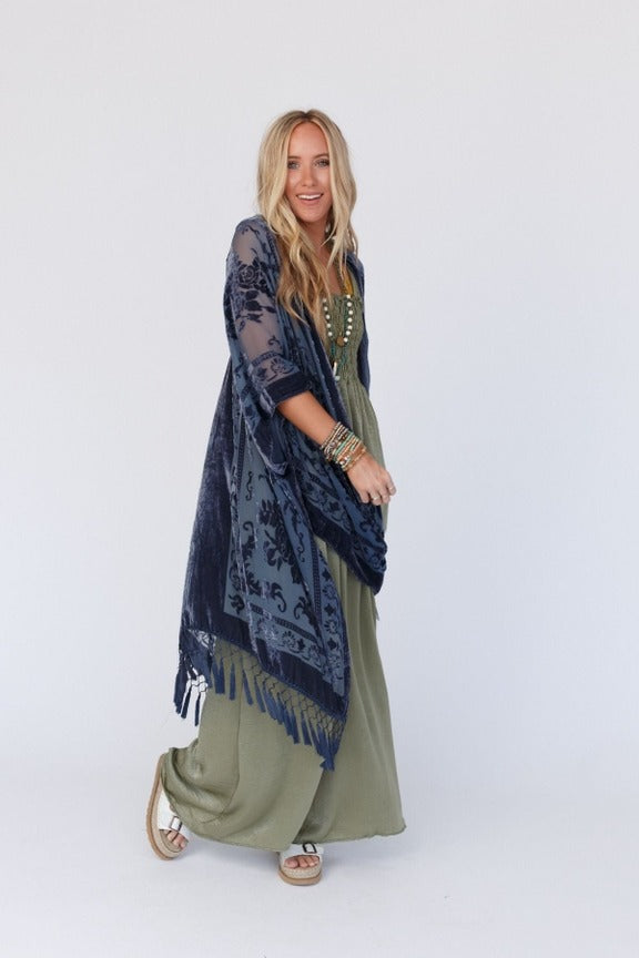 Navy Crushed Velvet Kimono