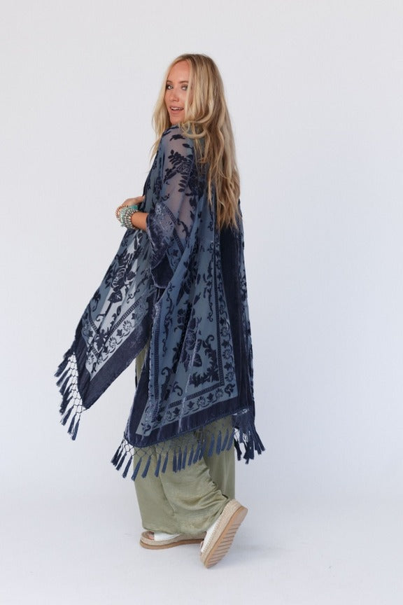 Navy Crushed Velvet Kimono
