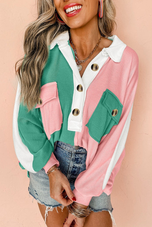 Oversized Color Block Ribbed Sweatshirt